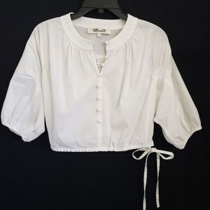 Diane Von Furstenberg White Cotton Spandex w/Poet Sleeves & Drawstring Waist XS
